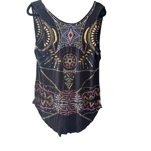 Womens Black Embroidered Sequin Boho Sleeveless Tank Top V-Neck Festival Shirt
